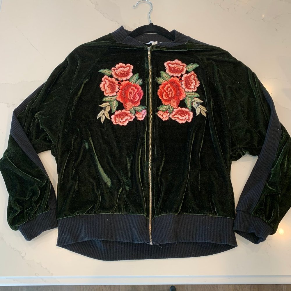 Olive  Green Velvet Bomber Jacket